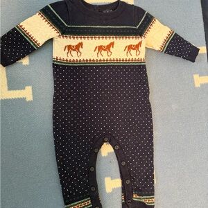 Janie and Jack Navy and Cream Horse Pattern Footie